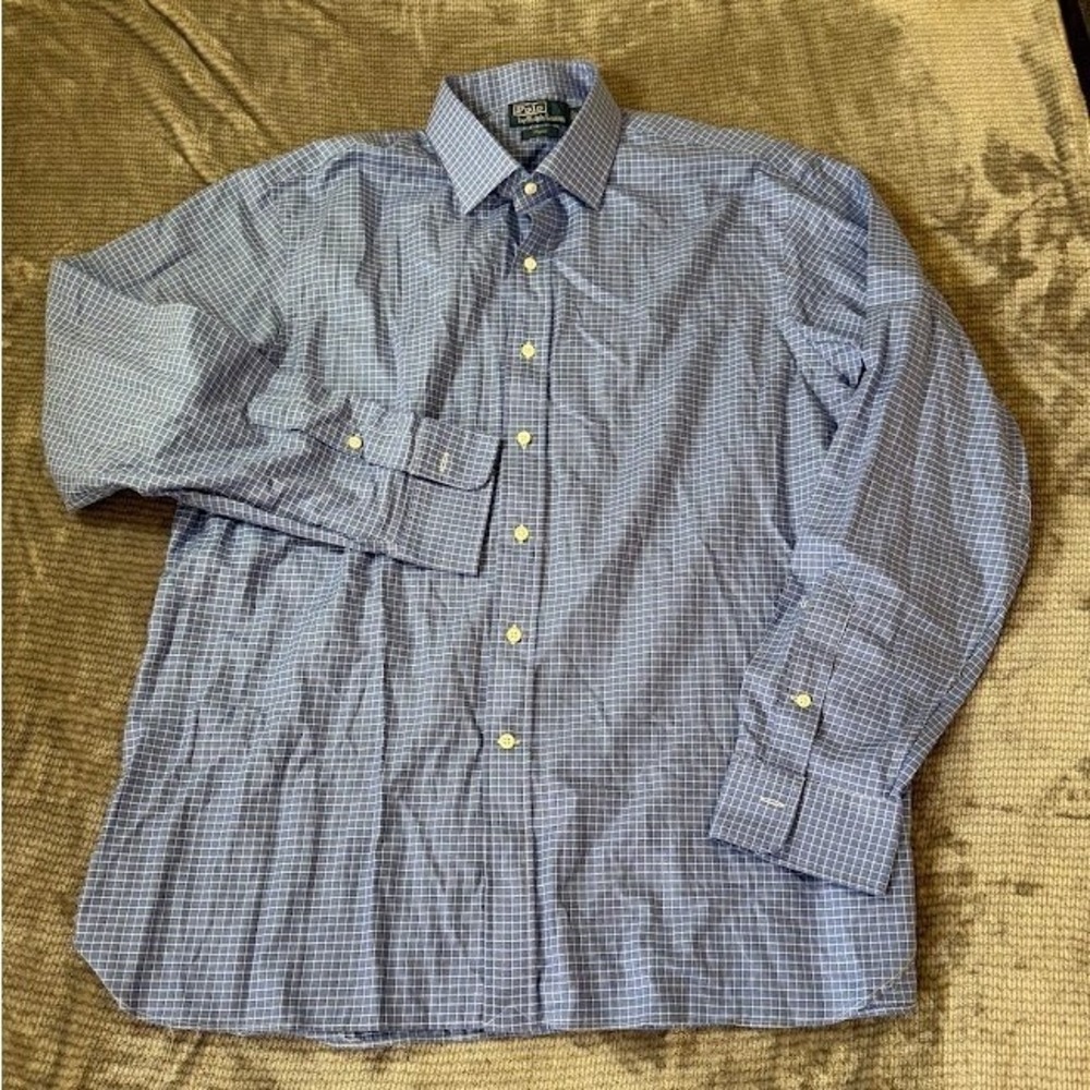 Polo Ralph Lauren Regent Shirt Mens 18 46 Blue White Grid Check Cotton 2XL
